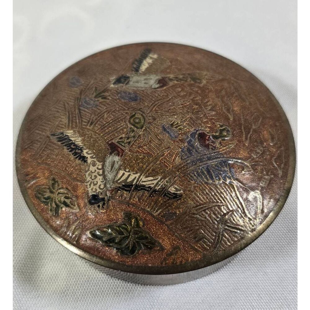 Intricate Floral Vintage Enameled Brass Trinket Box